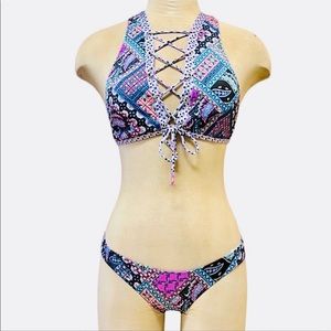 Victoria’s Secret Lace-Up High Neck Caged Paisely Floral Bikini Set
